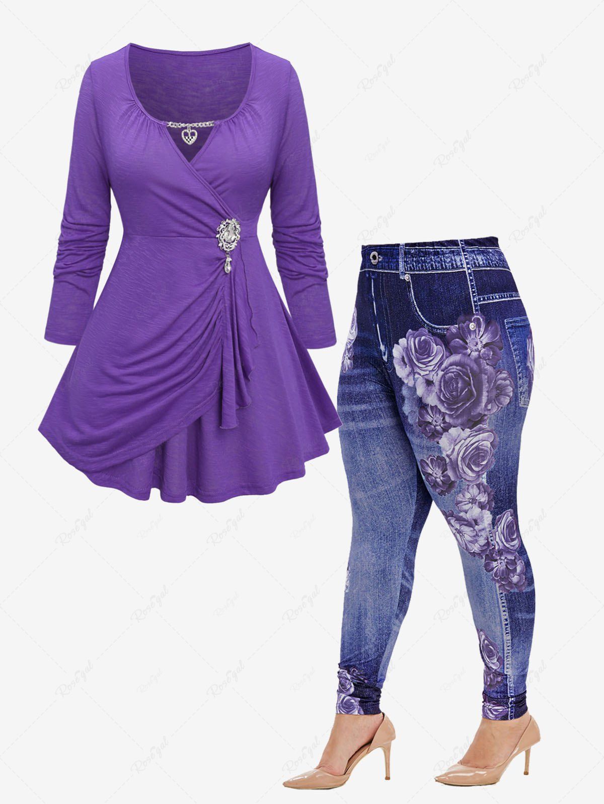 Fancy Heart Chain Buckle Ruched Surpliced T-shirt and High Rise Floral Gym 3D Jeggings Plus Size Outfit  