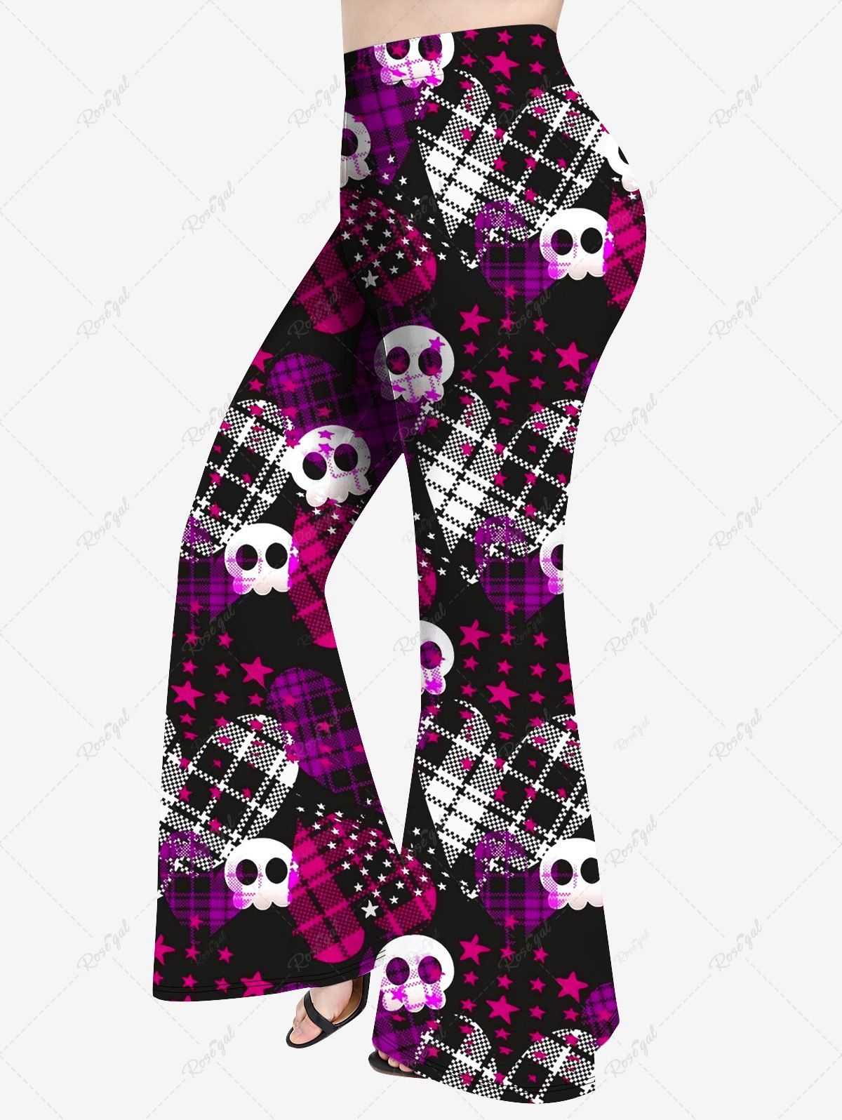 Outfit Plus Size Plaid Heart Cute Skull Stars Print Flare Pants  