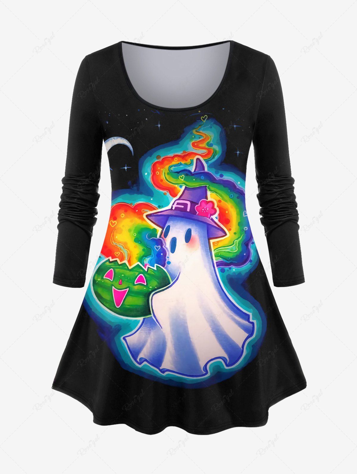 Sale Plus Size Ghost Rainbow Pumpkin Moon Galaxy Print Halloween T-shirt  