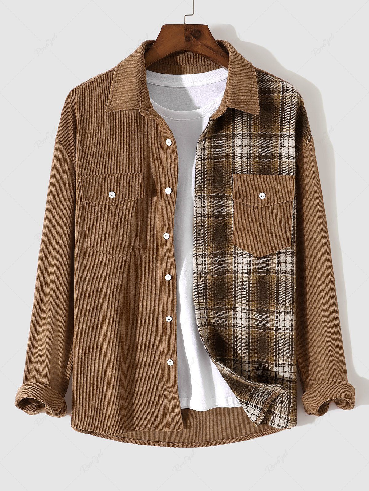Buy Men's Plaid Spliced Double Flap Pockets Design Button Front Long Sleeves Shacket  