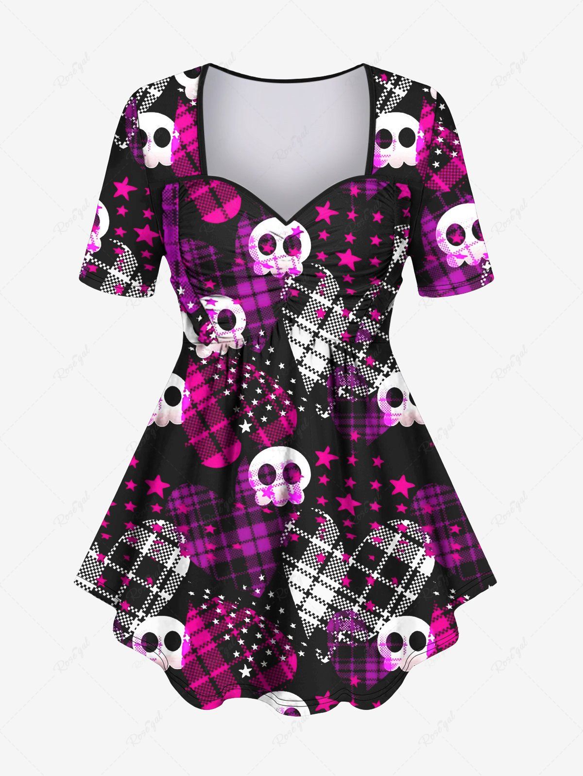 Fashion Plus Size Plaid Heart Cute Skull Stars Print Ruched T-shirt  