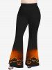 Halloween Pumpkin Glitter Printed Cinched Tank Top and Flare Pants Plus Size Outfit -  