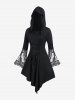 Gothic Plus Size Floral Lace Panel Bell Sleeves Lace Up Hooded Asymmetric Dress -  