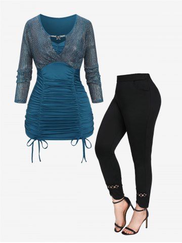 Tie Ruched Butterfly Chain Keyhole Glitter Patchwork Blouse and Hollow Out Lace Trim Pockets Leggings Plus Size Outfit