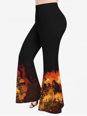 Plus Size Halloween Pumpkin Skull Cat Candle Flame Tomb Stone Print Flare Pants