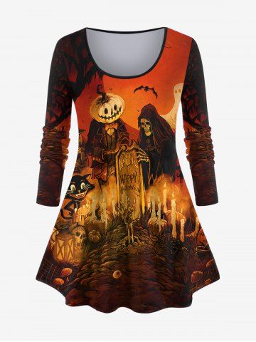Plus Size Halloween Skull Ghost Pumpkin Candle Flame Owl Bat Print T-shirt - ORANGE - XS