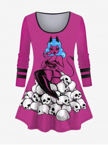 Plus Size Skulls Bunny Printed Strip Sleeves Halloween T-shirt - LIGHT PINK - S