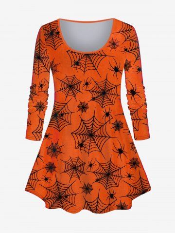 T-shirt D'Halloween Toile D'Araignée Imprimée en Blocs de Couleurs de Grande Taille - ORANGE - 1X