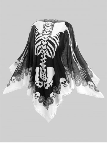 Halloween Skeleton Poncho Shawl Skull Spider Web Print Handkerchief Cape - BLACK - ONE SIZE