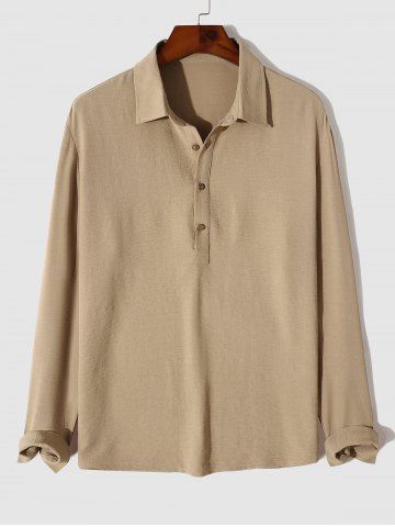 Men's Plain Color Textured Half Button Design Long Sleeves Pullover Casual Shirt - LIGHT COFFEE - XXL