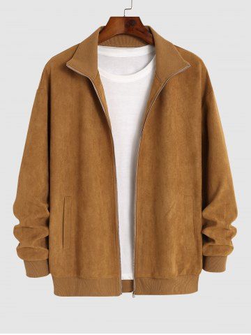 Men's Daily Solid Color Faux Suede Zip Up Pockets Long Sleeve Baseball Jacket