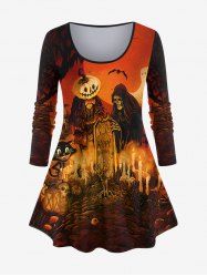 Plus Size Halloween Skull Ghost Pumpkin Candle Flame Owl Bat Print T-shirt -  