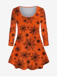 T-shirt D'Halloween Toile D'Araignée Imprimée en Blocs de Couleurs de Grande Taille - Orange 6X