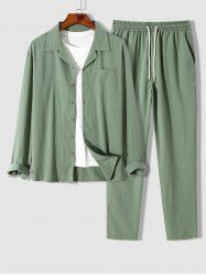 Men's Solid Color Front Pocket Design Button Up Long Sleeves Shirt and Straight Leg Drawstring Casual Pants Set -  