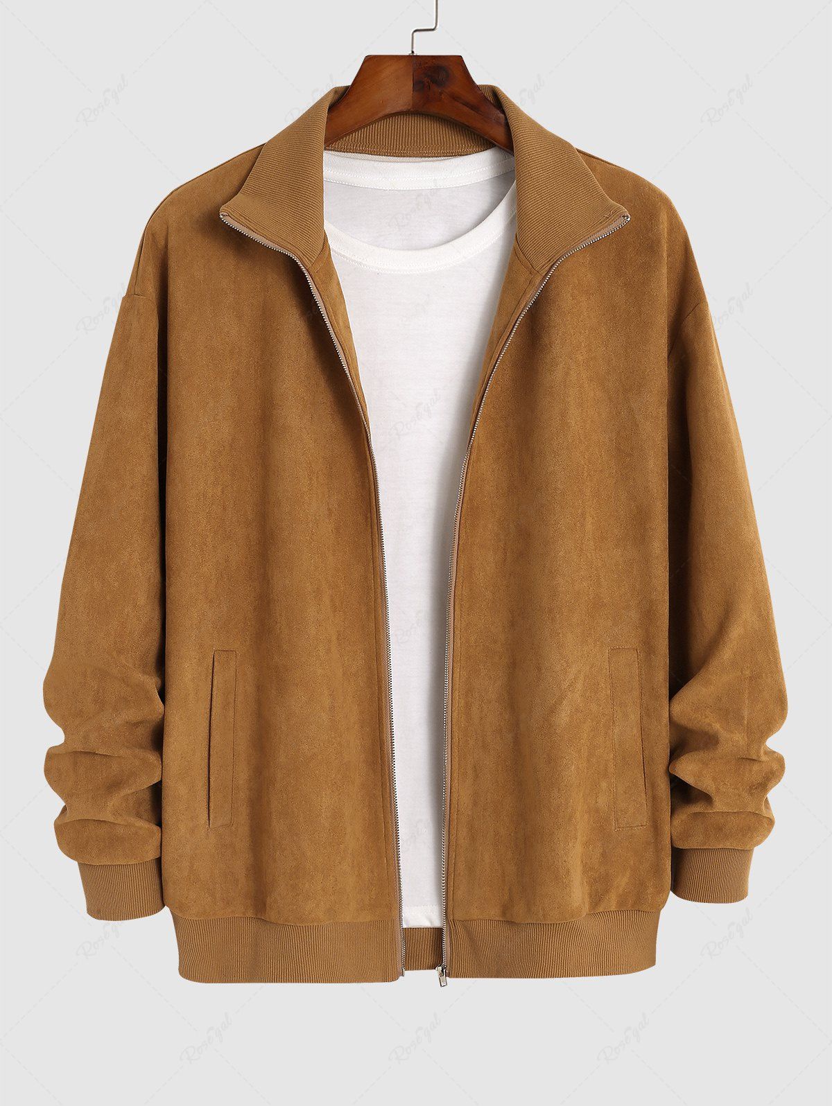 Affordable Men's Daily Solid Color Faux Suede Zip Up Pockets Long Sleeve Baseball Jacket  