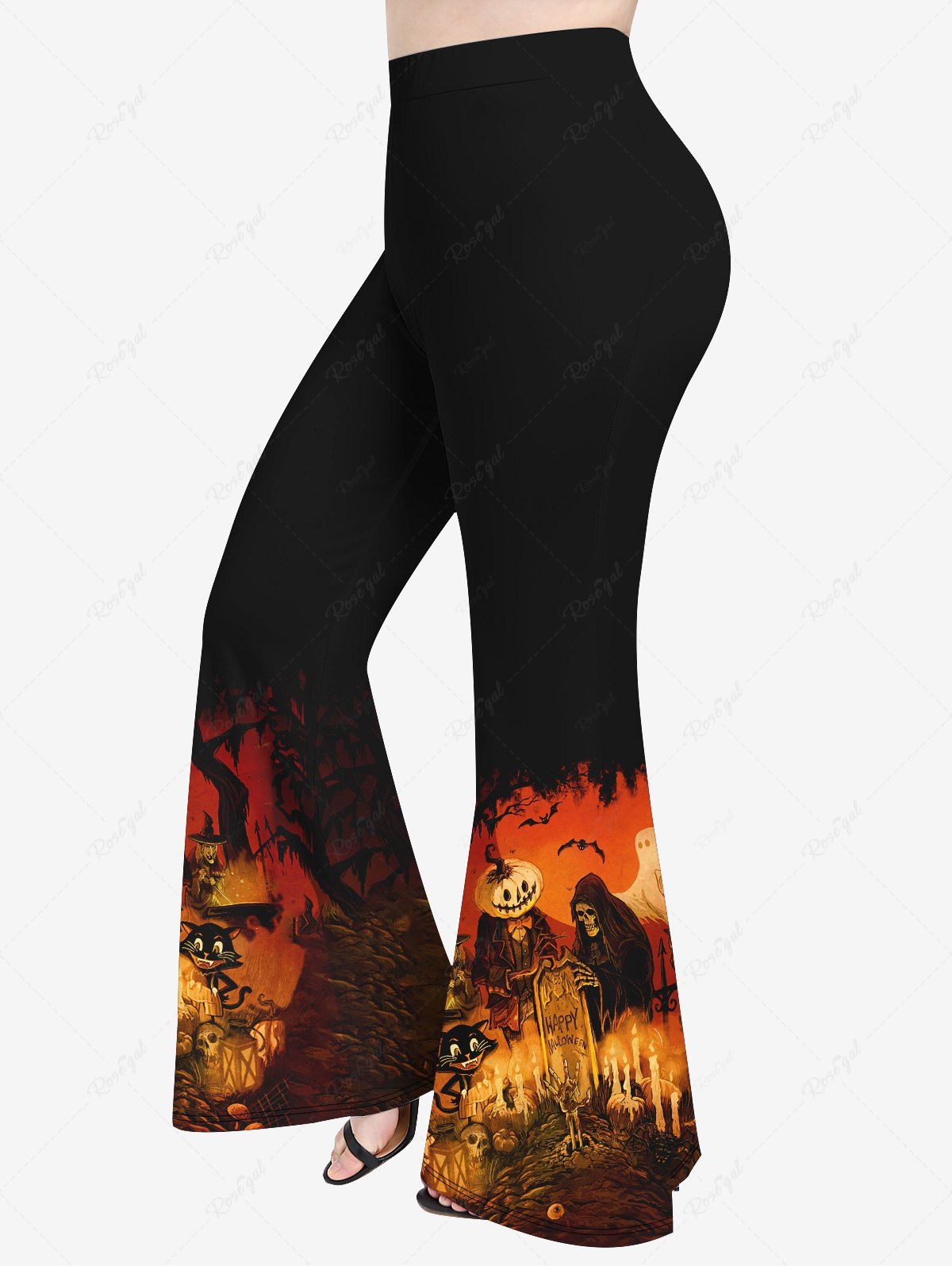 Affordable Plus Size Halloween Pumpkin Skull Cat Candle Flame Tomb Stone Print Flare Pants  