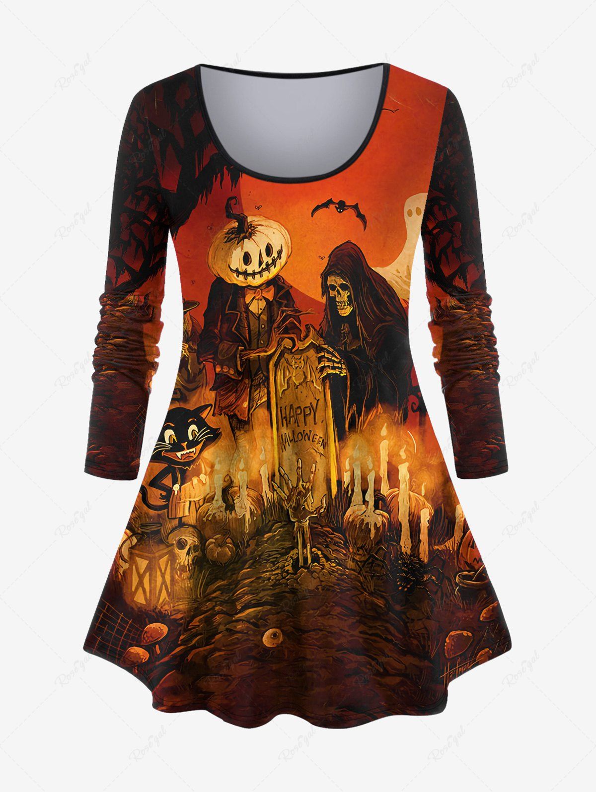 Fancy Plus Size Halloween Skull Ghost Pumpkin Candle Flame Owl Bat Print T-shirt  
