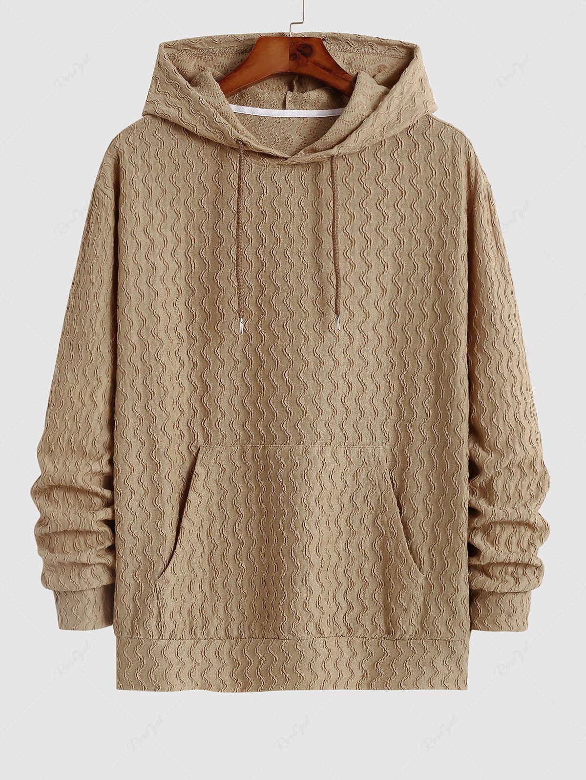 Sale Kangaroo Pocket Decor Wave Jacquard Textured Hoodie  