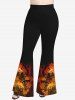 Plus Size Halloween Pumpkin Skull Cat Candle Flame Tomb Stone Print Flare Pants - Orange 6X