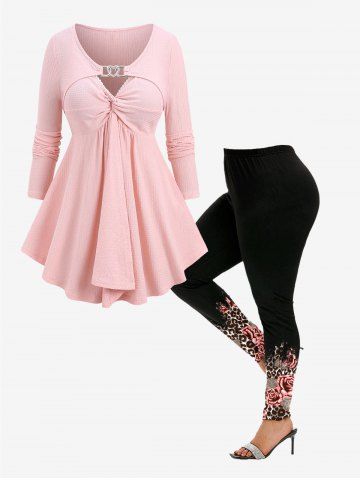 Buckle Panel Twist Lace Trim T-shirt and Floral Leaf Colorblock Printed Skinny Leggings Plus Size Outfit - LIGHT PINK