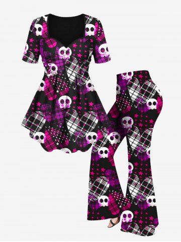 Plus Size Plaid Heart Cute Skull Stars Printed Ruched T-shirt and Flare Pants 70s 80s Outfit - PURPLE