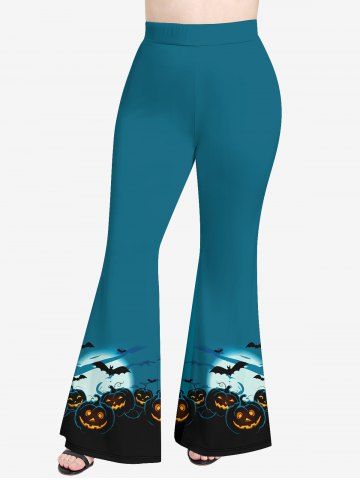 Plus Size Halloween Moon Bat Pumpkin Print Flare Pants - BLUE - S
