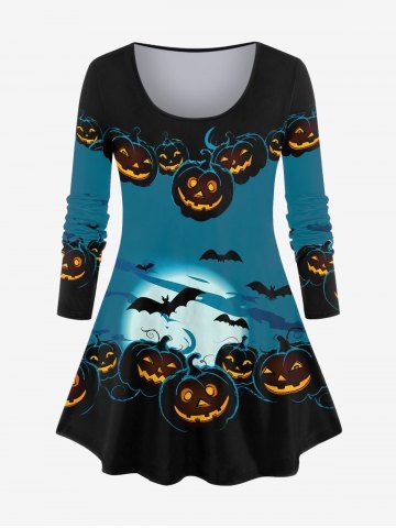 Plus Size Halloween Colorblock Pumpkin Bat Moon Print T-shirt - BLUE - 1X