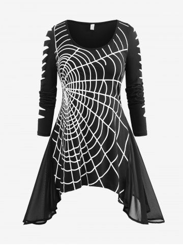 Plus Size Spider Web Printed Hollow Out Ripped Sleeves Asymmetrical T-shirt - BLACK - M | US 10