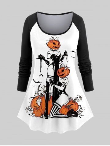 T-shirt D'Halloween Citrouille et Chauve-souris Imprimés à Manches Raglan de Grande Taille - WHITE - XS