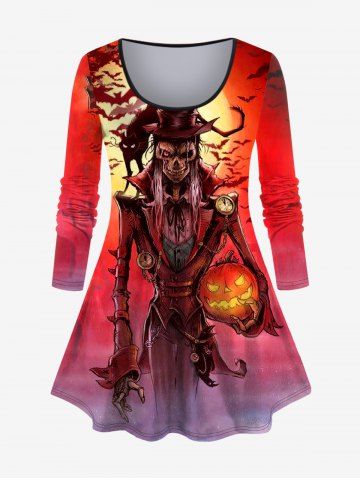 Plus Size Halloween Sunset Skull Pumpkin Bat Cat Cross Print T-shirt - RED - L