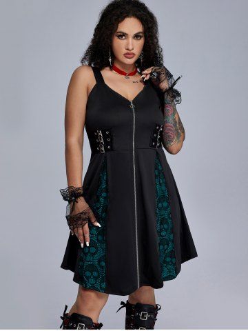 Plus Size Skull Mesh Lace Patchwork Full Zipper Straps Grommet Buckle A Line Tank Dress - DEEP GREEN - L | US 12