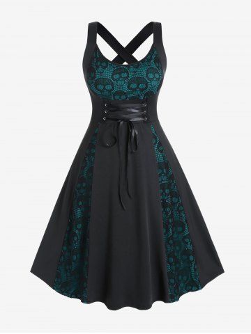 Robe Evasée Mi-Longue Gothique Croisée Crâne en Dentelle - DEEP GREEN - L | US 12