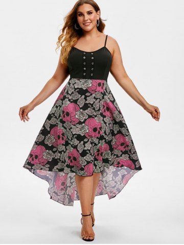 Plus Size Chiffon Skull Floral Printed Grommets High Low Halloween Dress - RED - 1X | US 14-16
