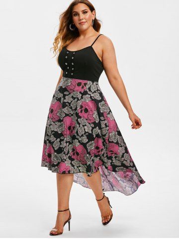 Plus Size Chiffon Skull Floral Printed Grommets High Low Halloween Dress