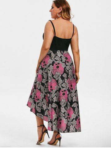 Plus Size Chiffon Skull Floral Printed Grommets High Low Halloween Dress