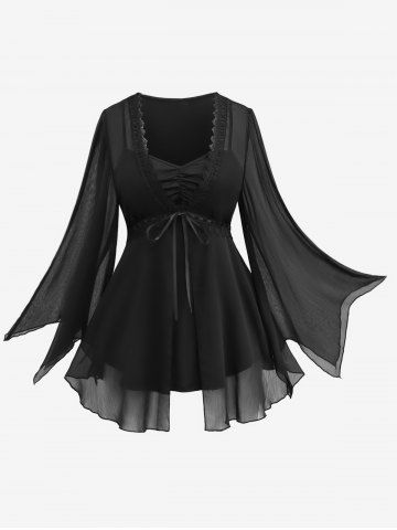 Plus Size Lace Trim Sheer Mesh Ruched Bell Sleeves T-shirt - BLACK - L | US 12