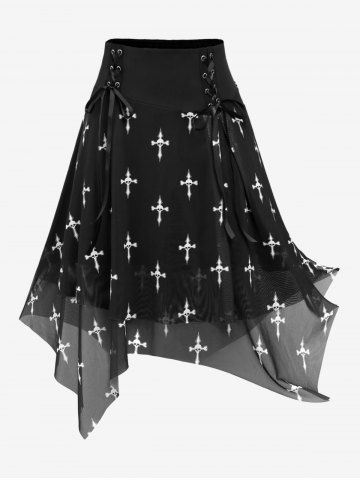 Plus Size Halloween Skull Cross Printed Mesh Lace Up Layered Skirt - BLACK - 1X | US 14-16