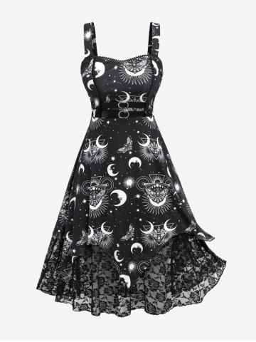 Plus Size Skull Butterfly Moon Star Sun Print Lace Trim Buckle Tank Dress - BLACK - 3X | US 22-24