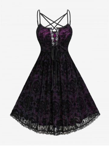 Plus Size Lace Up Grommets Cross Girl Print Mesh Crisscross Vintage Dress - BLACK - L | US 12