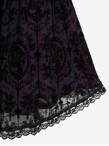 Halloween Costume Gothic Plus Size Lace Up Grommets Cross Girl Print Mesh Crisscross Vintage Dress