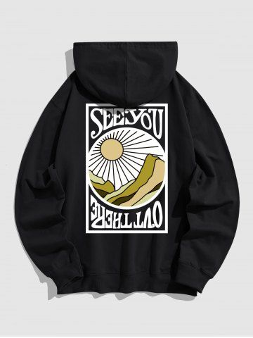 Men's SEE YOU Letter Sun Mountain Pattern Kangaroo Pocket Cotton Pullover Hoodie - BLACK - S