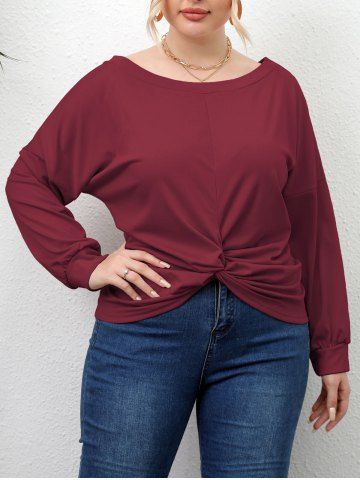 Plus Size Twist Round Neck Casual Top - RED - 1XL