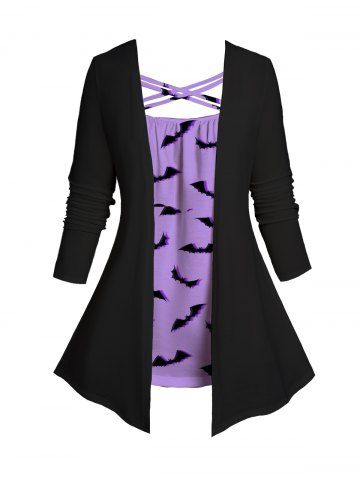 Plus Size Halloween Bat Print Crisscross Faux Twinset Top - LIGHT PURPLE - L