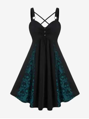 Plus Size Skull Fishnet Panel Ruched Crisscross O-Ring Buckle Dress - DEEP GREEN - 5X | US 30-32