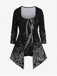 Plus Size Crown Leaf Glitter Sparkling Print Patchwork 2 in 1 T-shirt -  