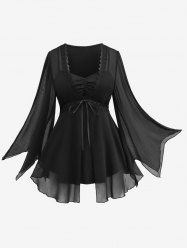 Plus Size Lace Trim Sheer Mesh Ruched Bell Sleeves T-shirt -  