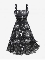Plus Size Skull Butterfly Moon Star Sun Print Lace Trim Buckle Tank Dress -  