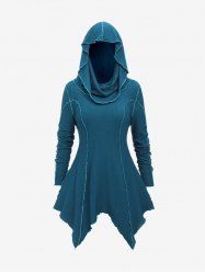 Plus Size Seamed Topstitching Asymmetrical Hem Cowl Neck Hooded Top -  