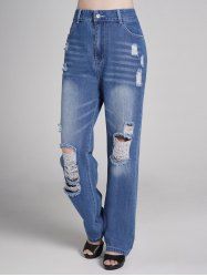 Ripped Middle Waist Pockets Casual Denim Jeans -  