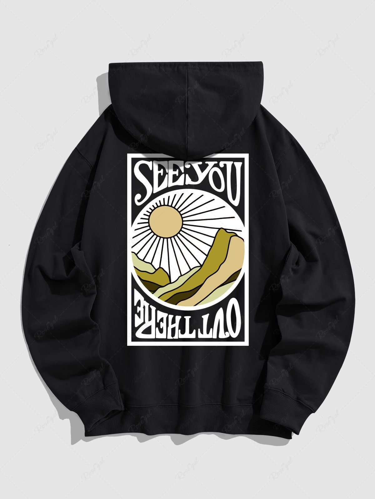 Trendy Men's SEE YOU Letter Sun Mountain Pattern Kangaroo Pocket Cotton Pullover Hoodie  